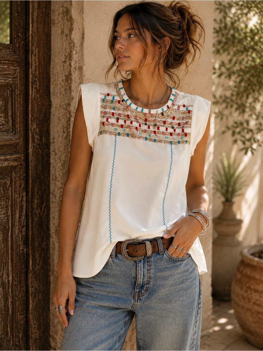 Freeway Embroidered Boho Sleeveless Blouse Ivory Multicolor Size Small